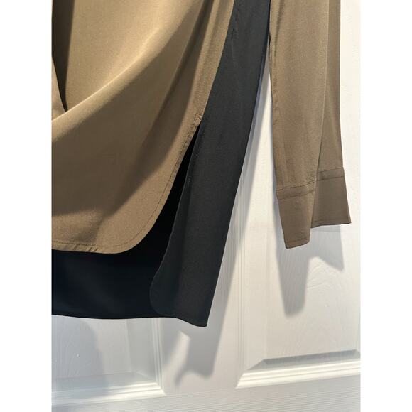 Vince Silk Olive Green and Black Two Toned Colorblock Blouse 2 - Picture 8 of 11